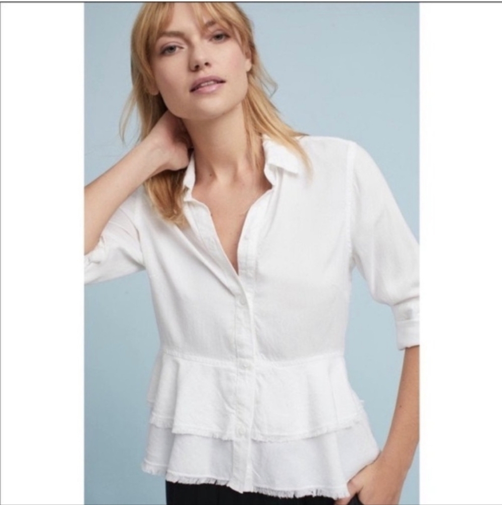 Anthropologie Cloth & Stone Fitted Peplum White Button-Up Blouse raw edge XS